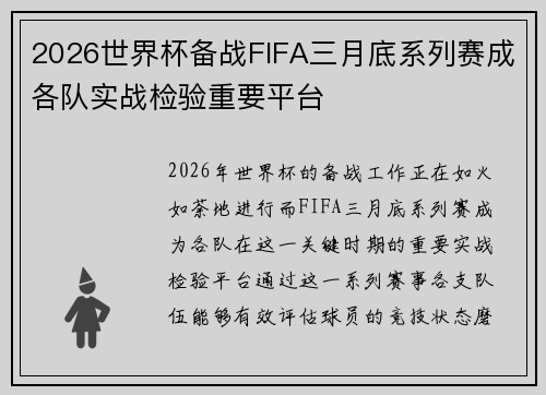 2026世界杯备战FIFA三月底系列赛成各队实战检验重要平台