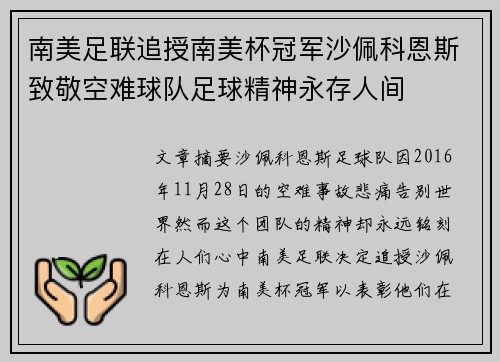 南美足联追授南美杯冠军沙佩科恩斯致敬空难球队足球精神永存人间